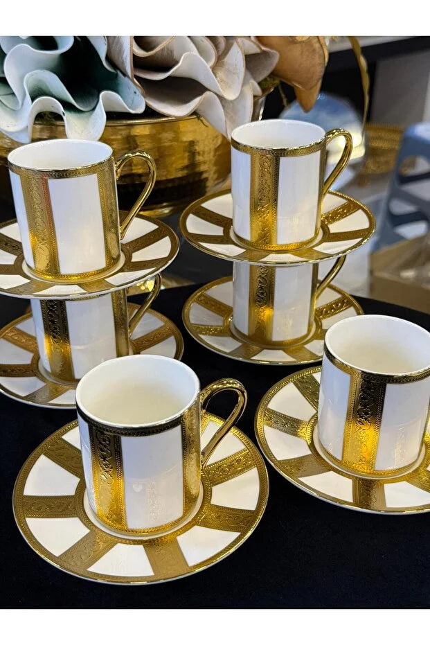 Set of 6 Gold Engraved Porcelain Coffee Cup Set