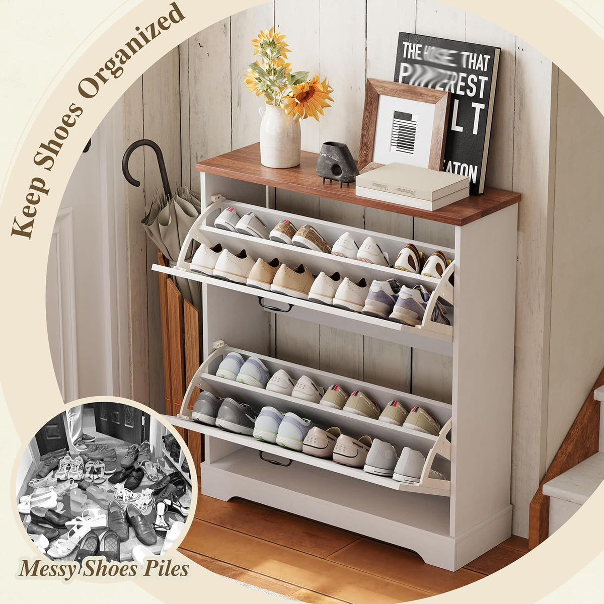 Farmhouse Shoe Storage Cabinet with 2 Flip Drawers (202665c)