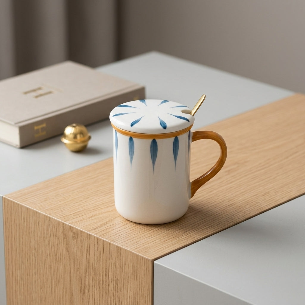 Decorative Ceramic Mug with Lid & Spoon