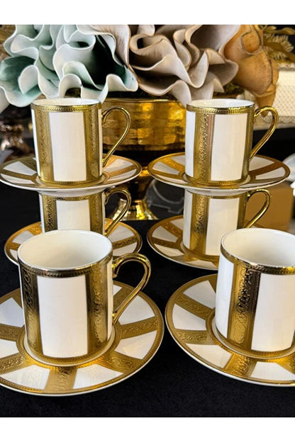 Set of 6  Gold Engraved Porcelain Coffee Cup Set