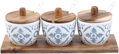 Ceramic Condiment Jar Set with Acacia Wood Tray