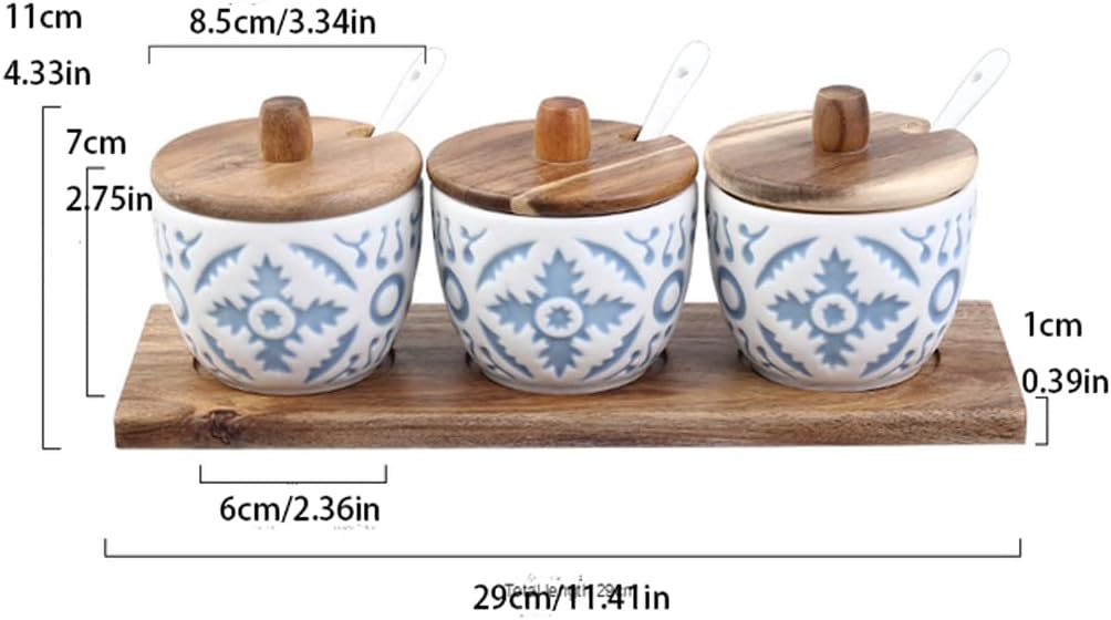 Ceramic Condiment Jar Set with Acacia Wood Tray