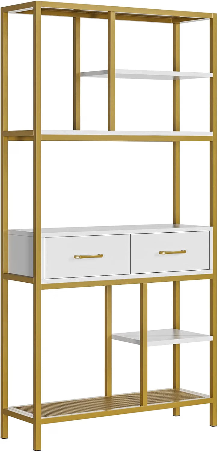 5 Tier Bookcase with Metal Frame and 2 Drawers