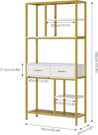 5 Tier Bookcase with Metal Frame and 2 Drawers