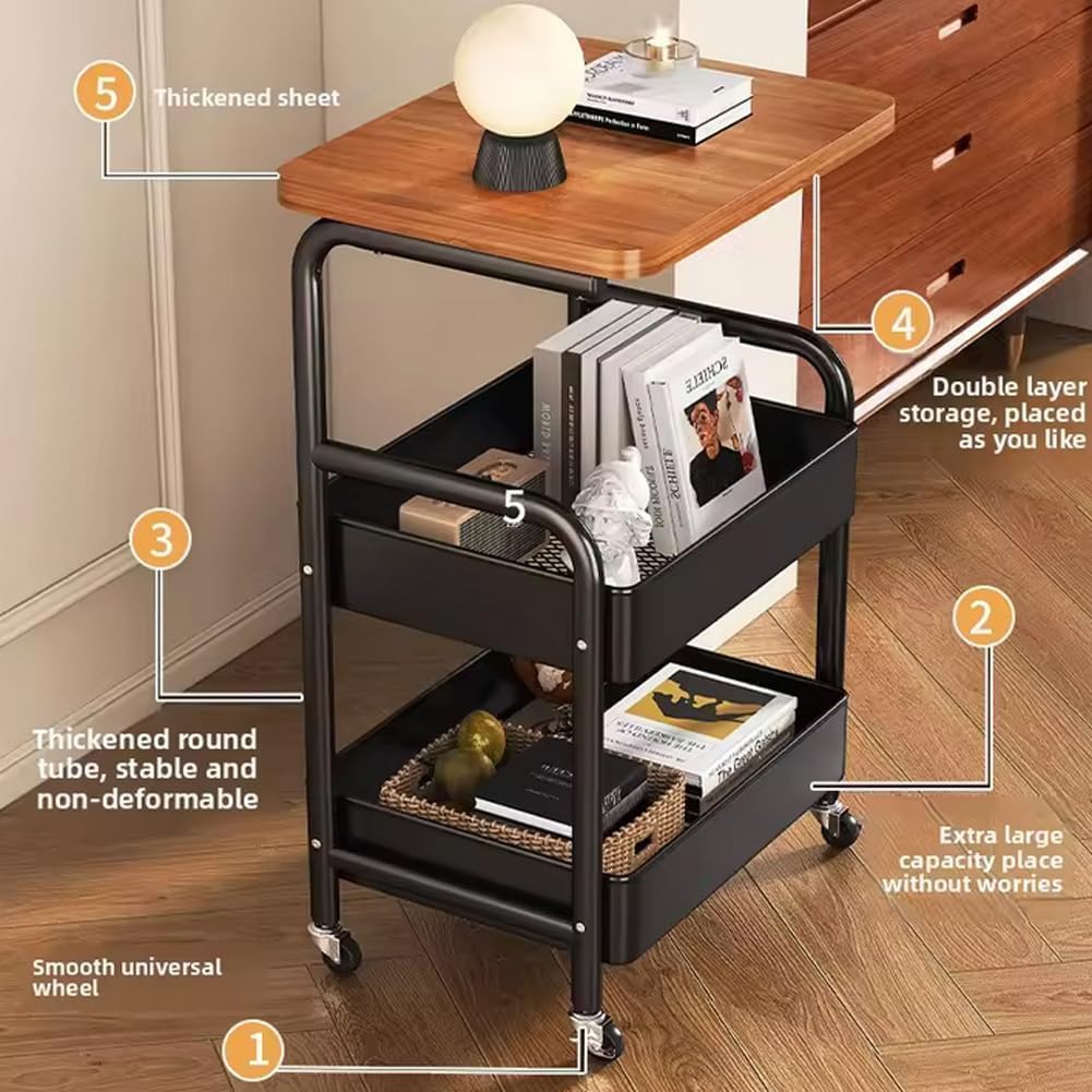 3-Tier Rolling Side Table with Wooden Top