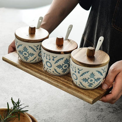 Ceramic Condiment Jar Set with Acacia Wood Tray