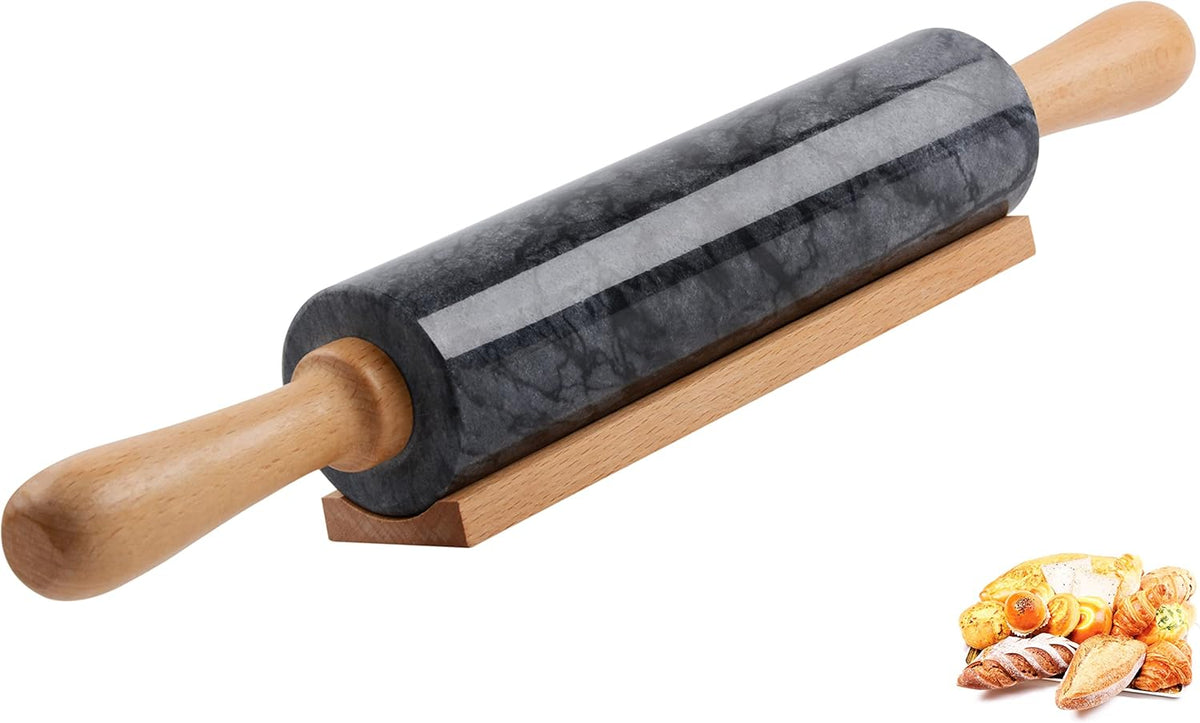 Marble Rolling Pin with Wooden Cradle Thick Handle Set