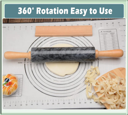 Marble Rolling Pin with Wooden Cradle Thick Handle Set