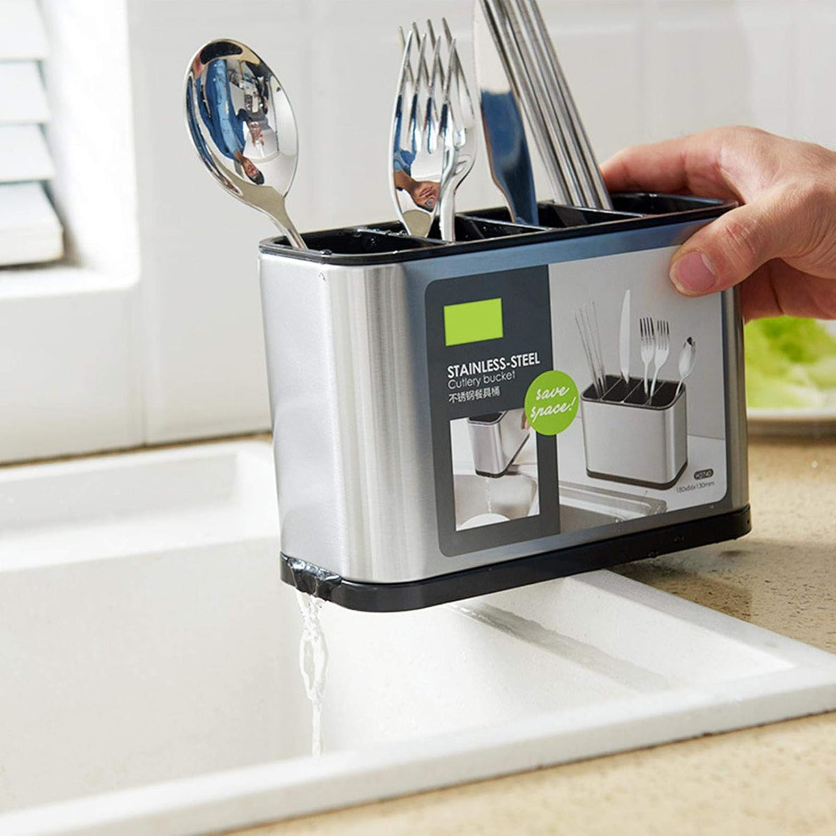 Stainless Steel Cutlery Bucket & Drainer