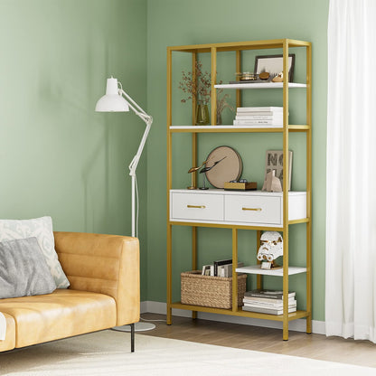 5 Tier Bookcase with Metal Frame and 2 Drawers