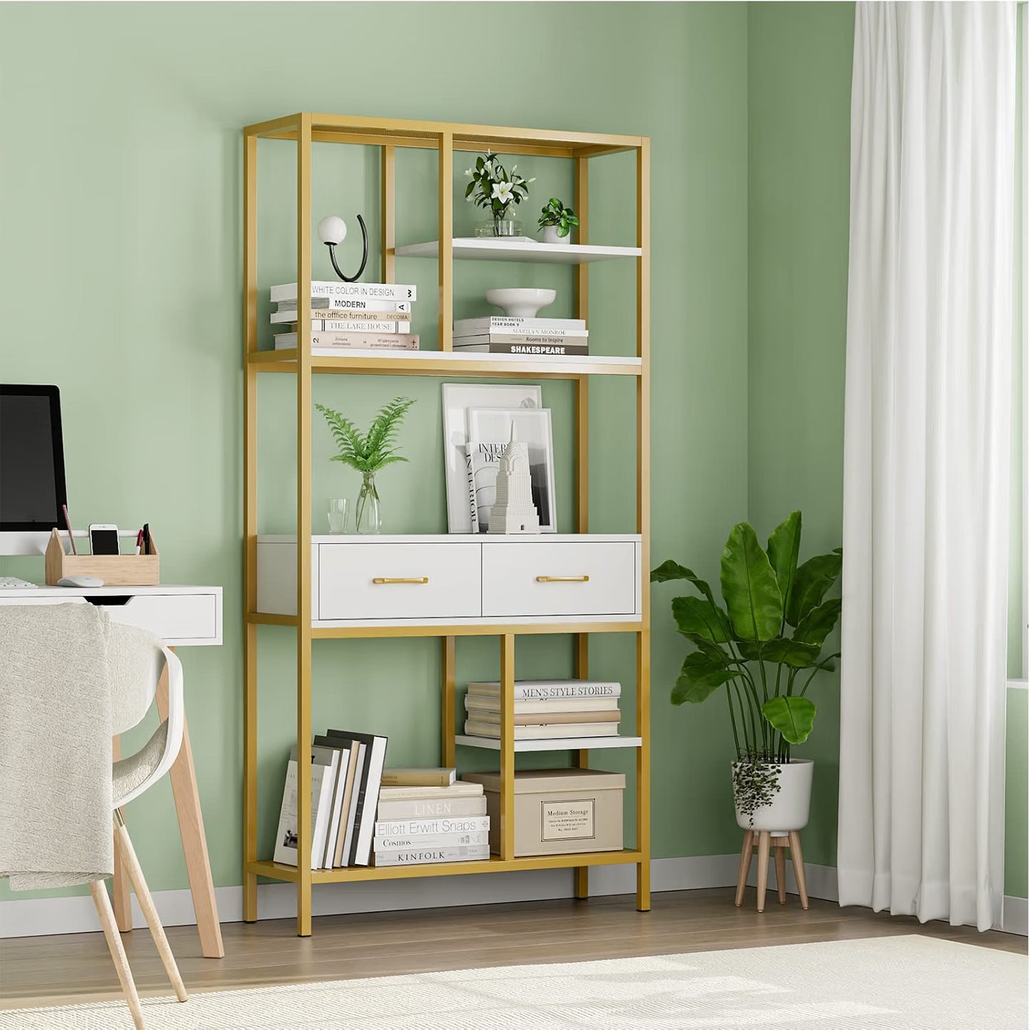 5 Tier Bookcase with Metal Frame and 2 Drawers