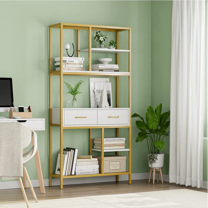 5 Tier Bookcase with Metal Frame and 2 Drawers
