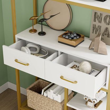 5 Tier Bookcase with Metal Frame and 2 Drawers