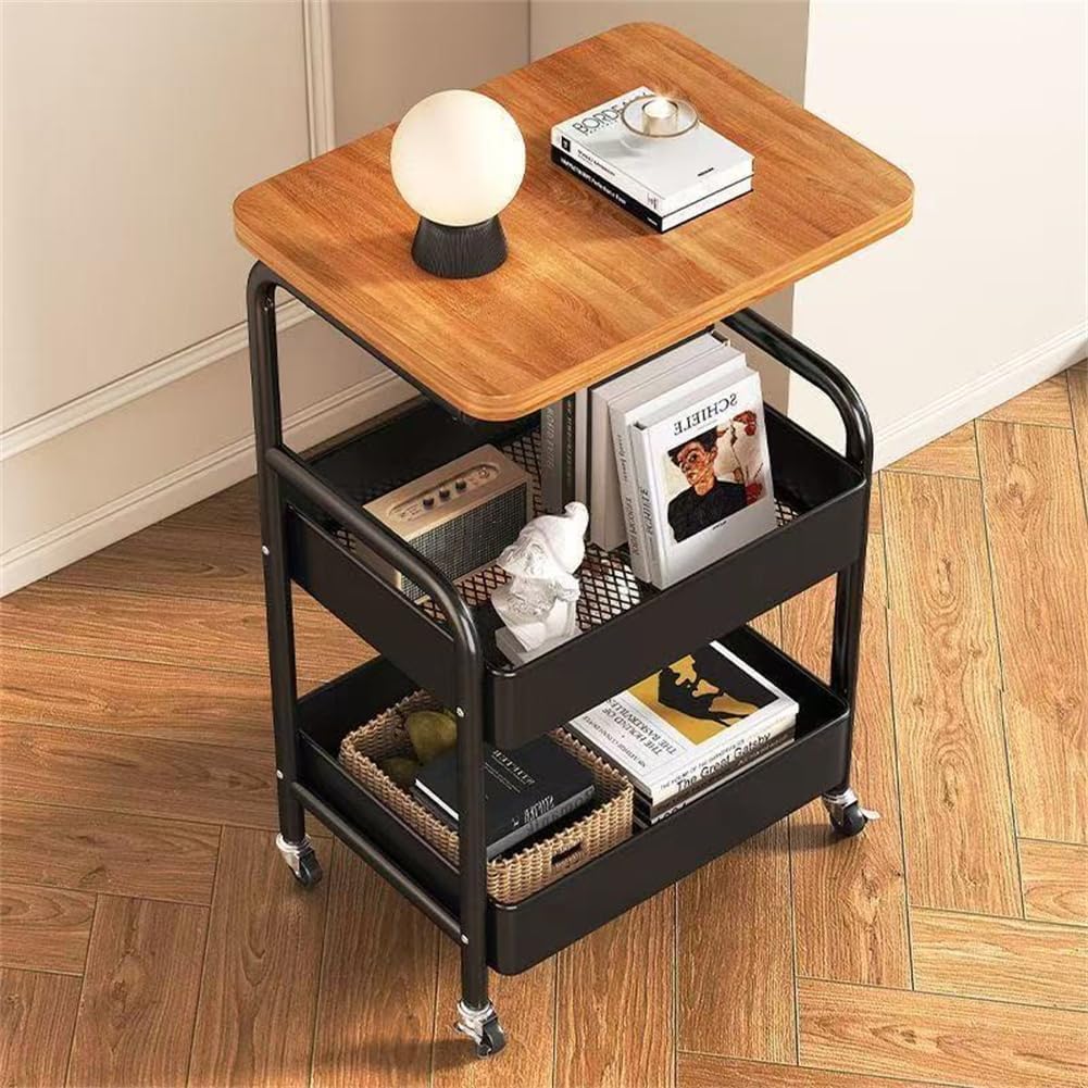 3-Tier Rolling Side Table with Wooden Top