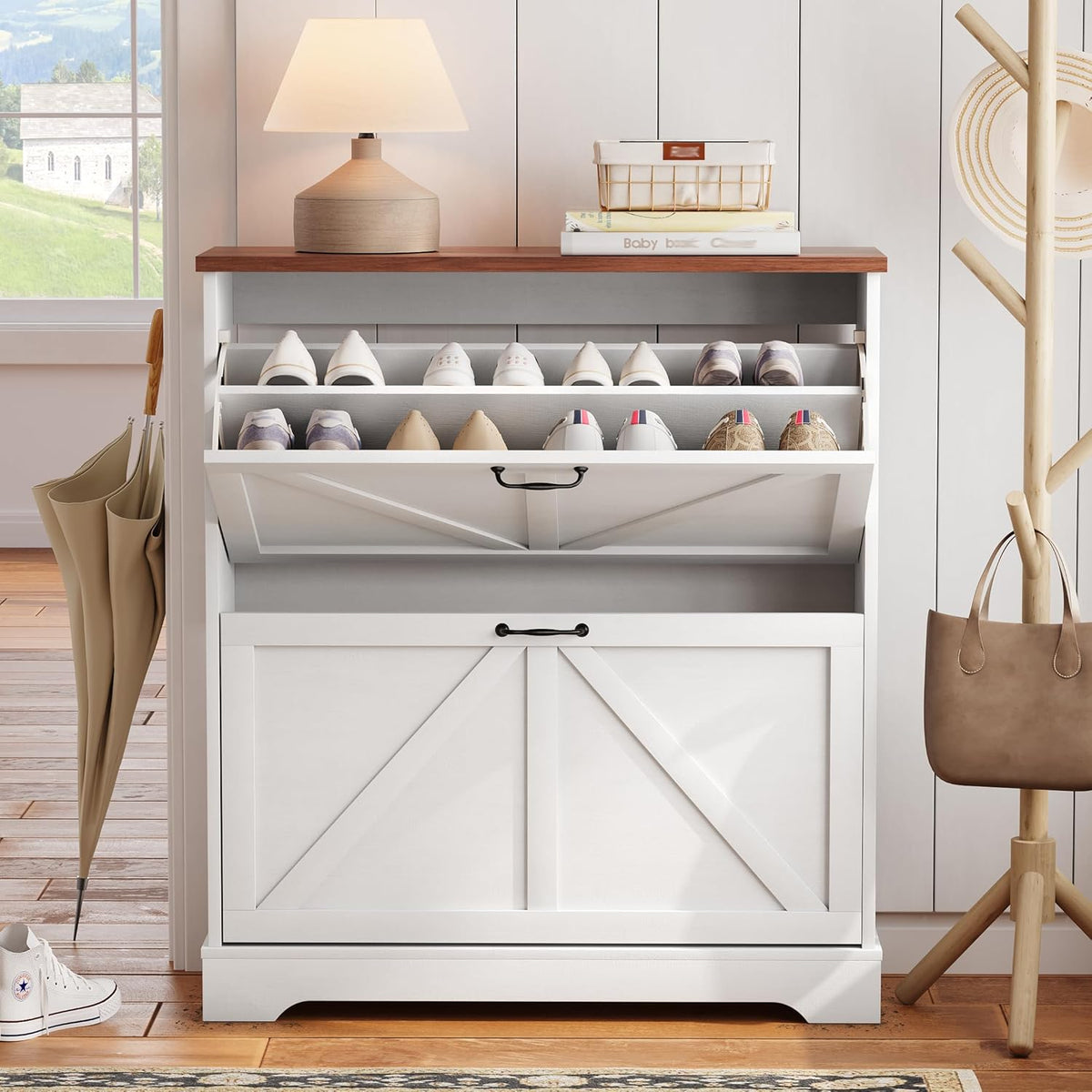 Farmhouse Shoe Storage Cabinet with 2 Flip Drawers (202665c)
