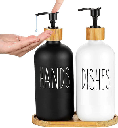 Set Of 2 Soap Dispenser with Bamboo tray