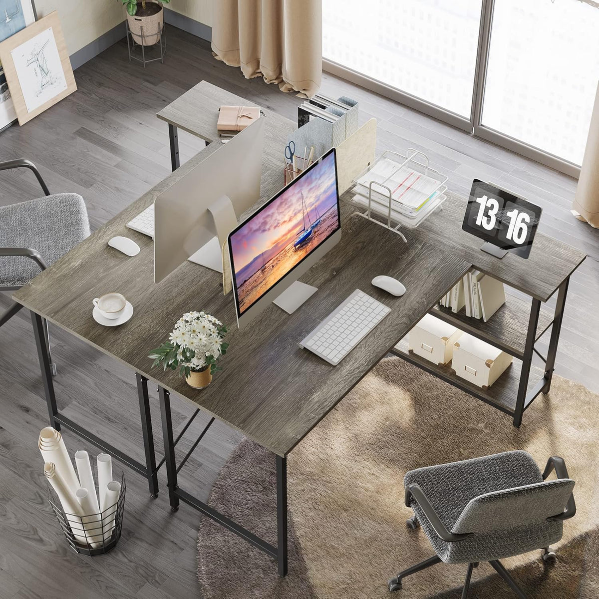 L Shaped Desk with Storage Shelves