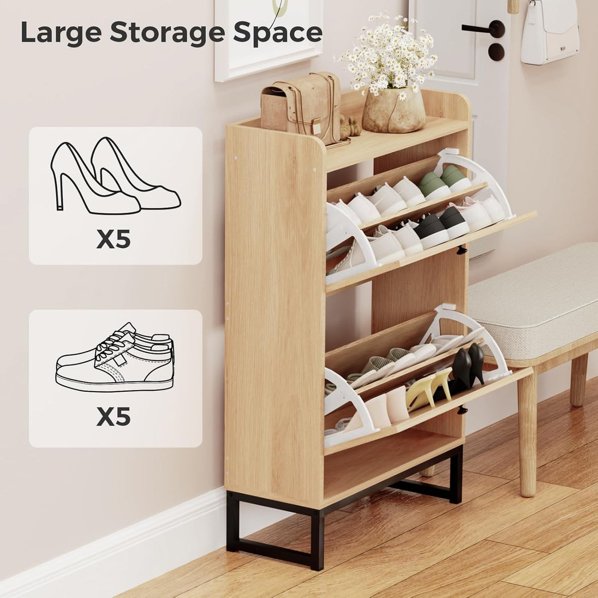 Shoe Cabinet with 2 Handmade Natural Rattan Flip Drawers
