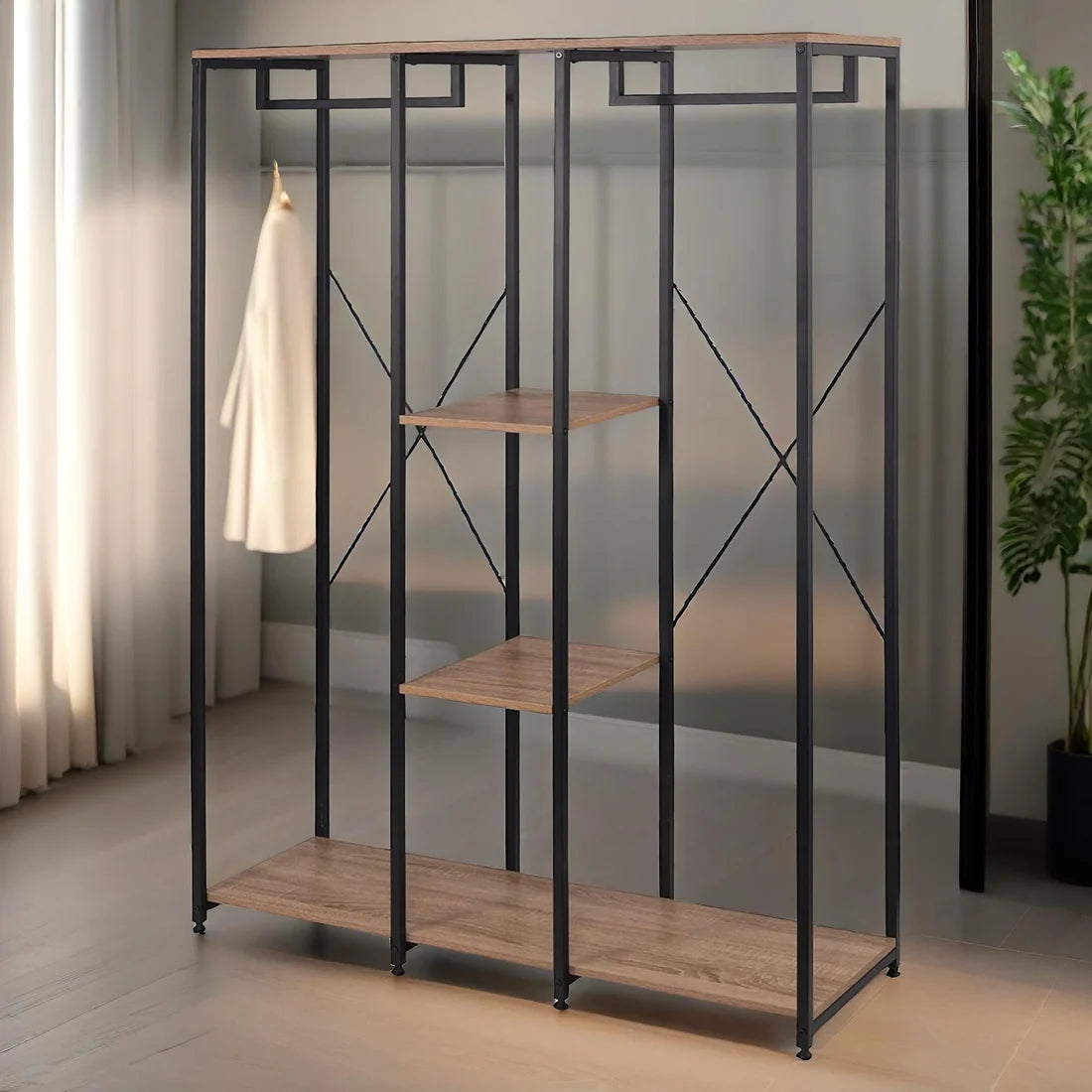 Metal Open Wardrobe With Wooden Shelves