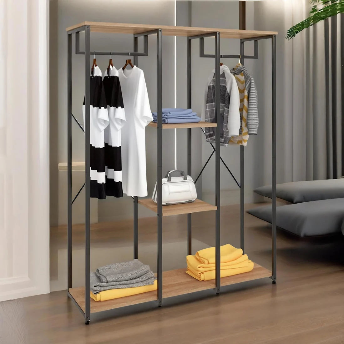 Metal Open Wardrobe With Wooden Shelves