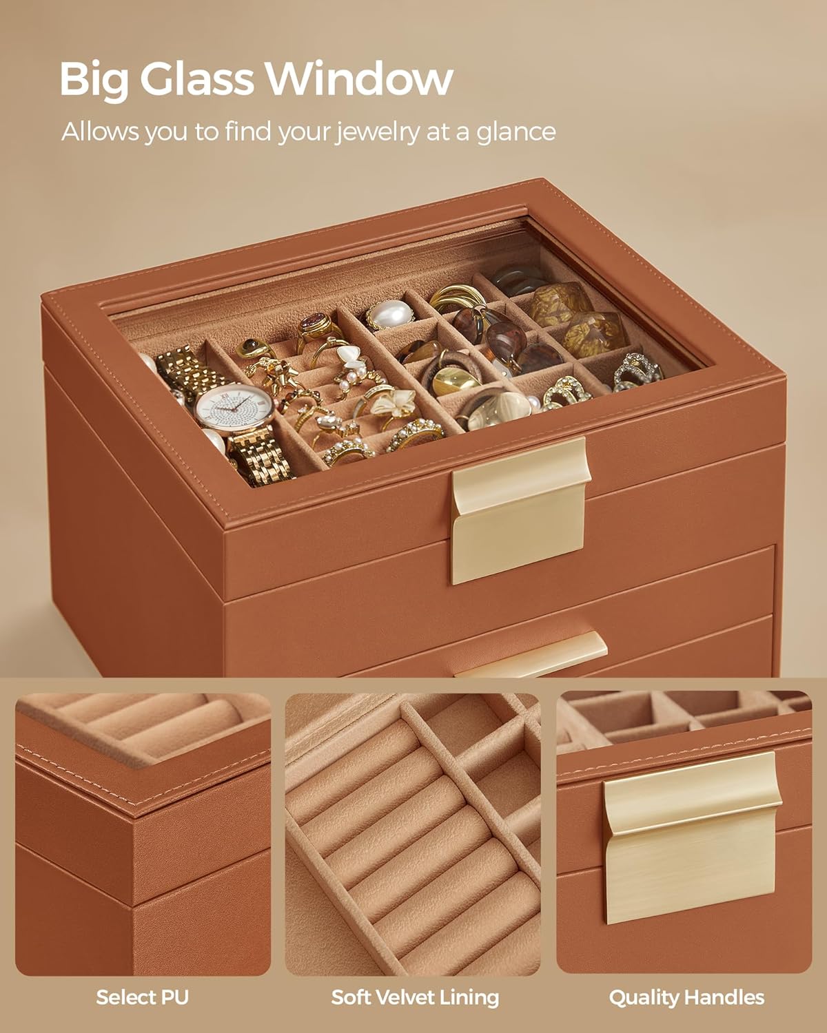 SONGMICS Jewelry Box Organizer with Glass Lid UJBC239K01