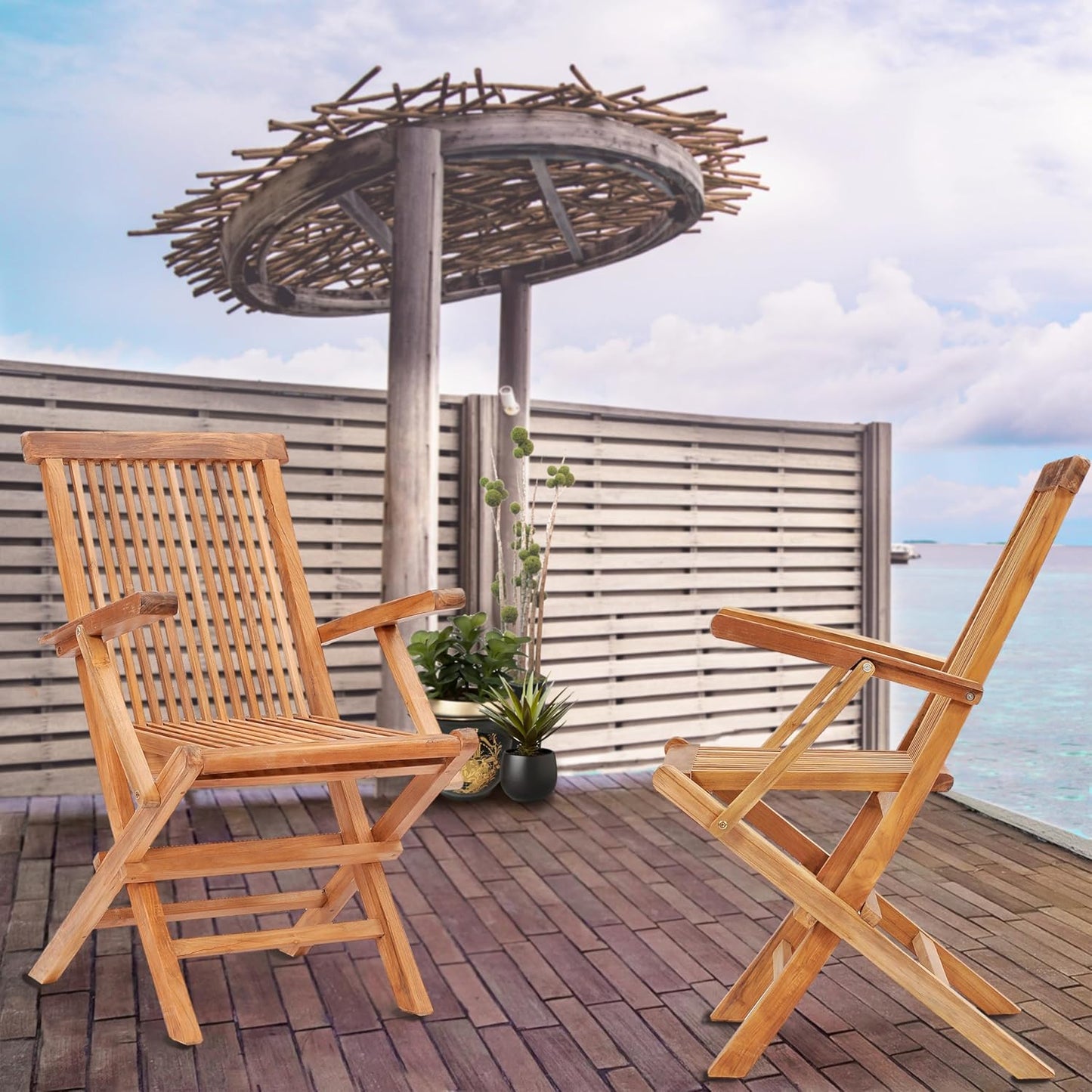 Set of 2 Solid Teak Wood Folding Chair