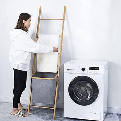 Bamboo Saving Space Leaning Blanket Rack with Basket