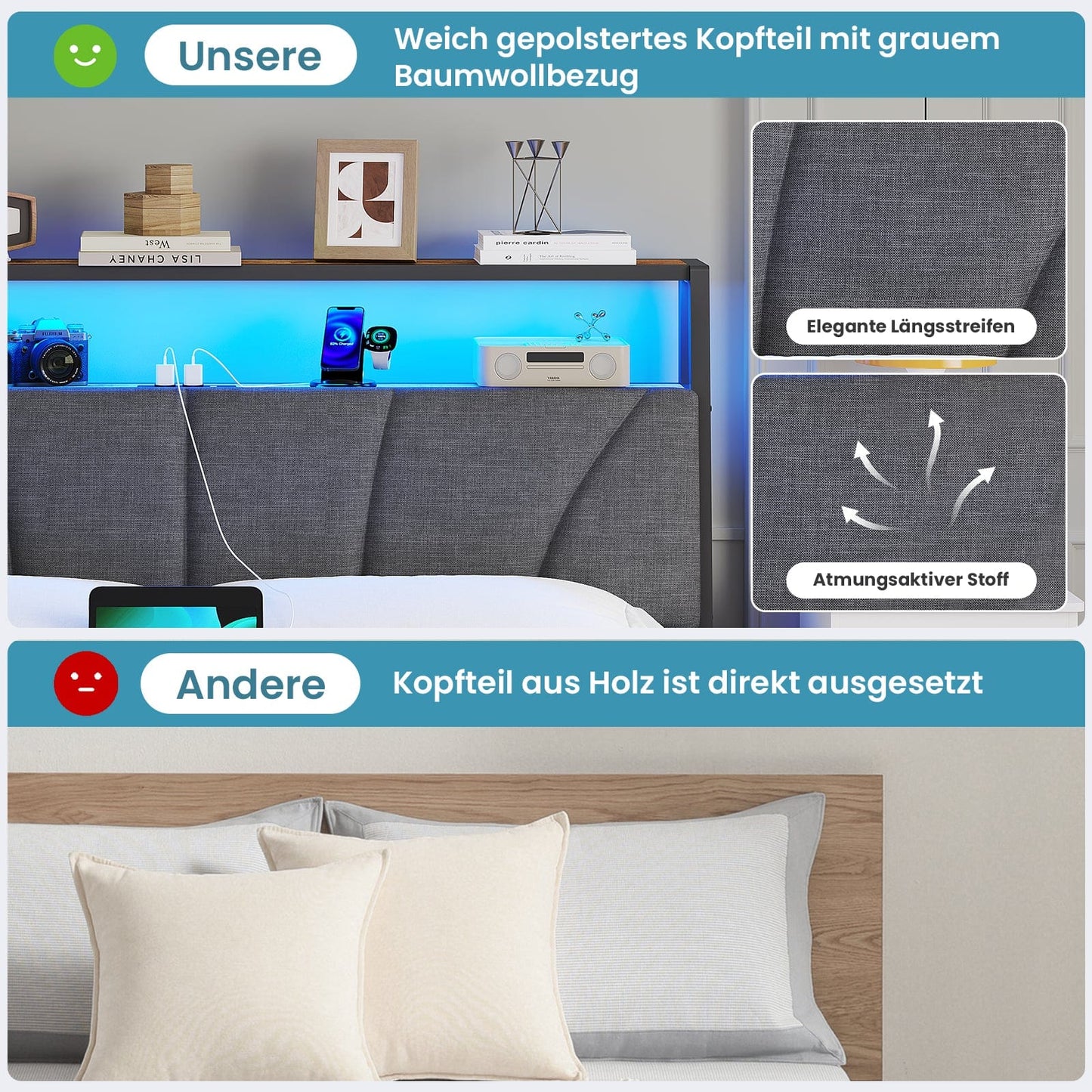 Metal Bed with Charging Function & Linen Headboard